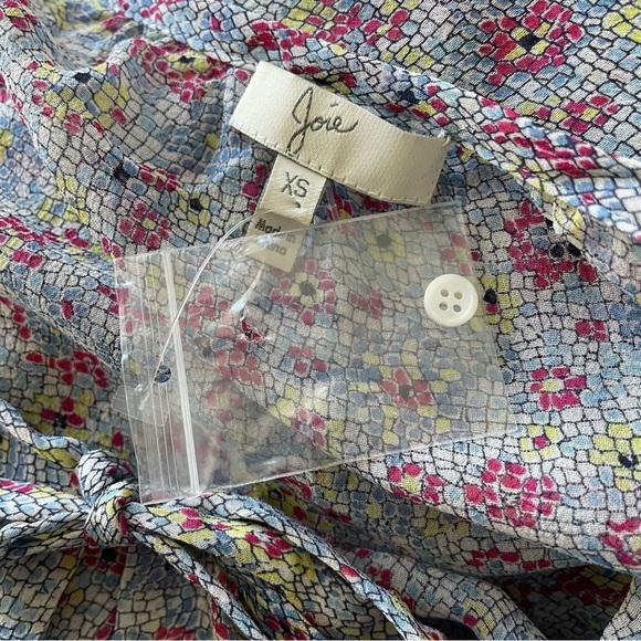 Joie Multicolor Abstract Floral Print Silk Tie Neck Hidden Button Placket Blouse - Picture 5 of 6